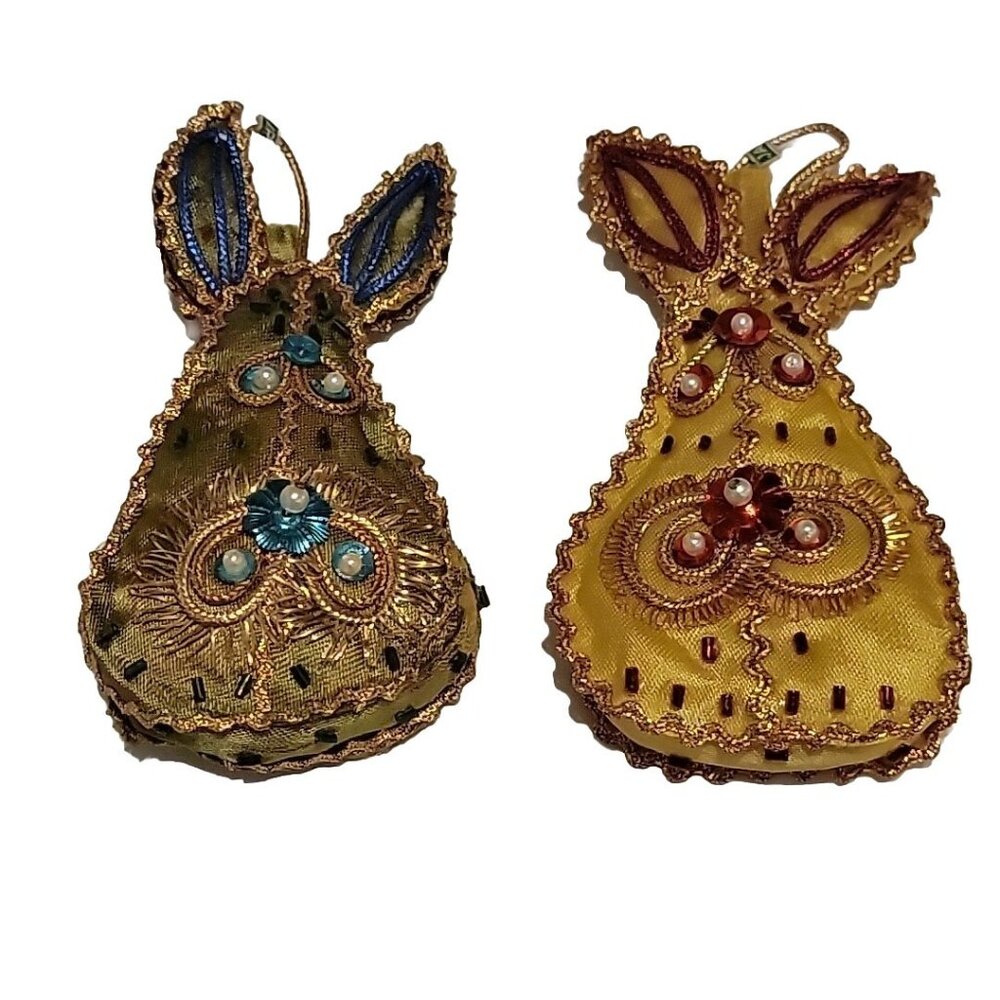 Vintage Christmas Ornaments Japan Fabric Plush Bejeweled Mid Century Pear Shaped